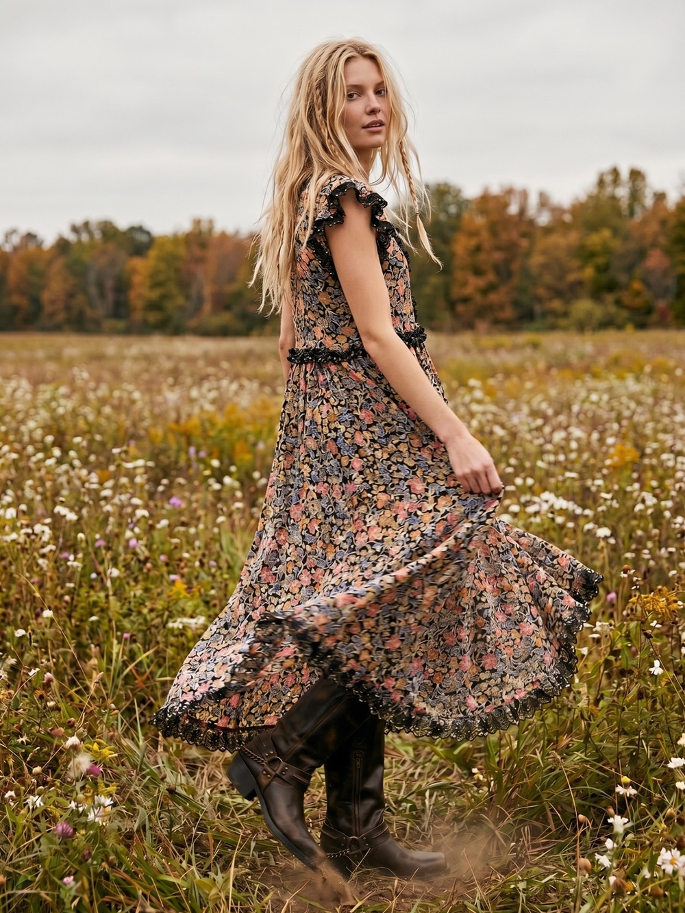 Free people Bohemian Floral Milania Maxi Dress Dark Combo Maxi Top Duster Small